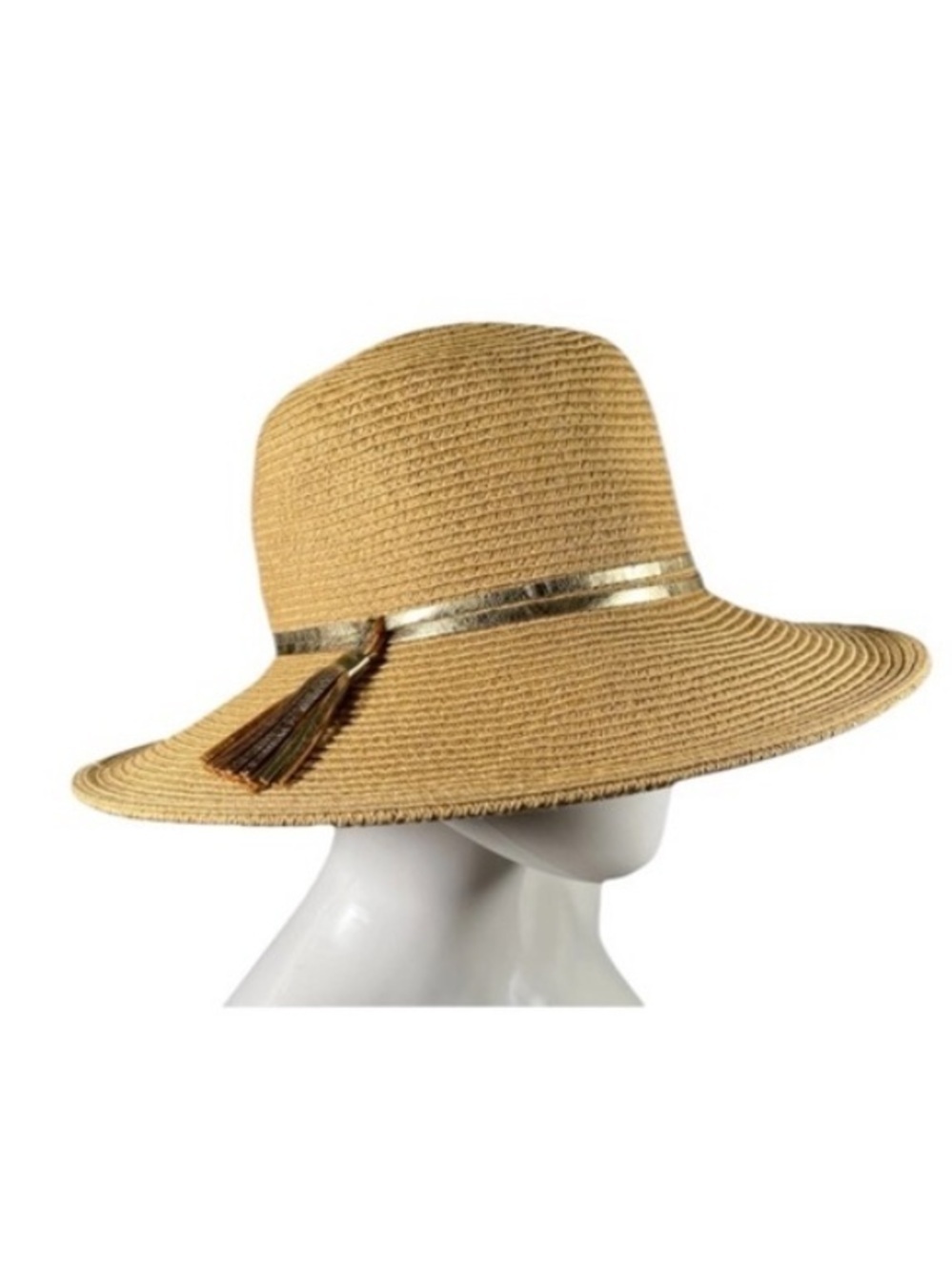 August Hat Company Women’s Wide Brim Sun Hat Fedora Gold Tassel Band Straw Paper